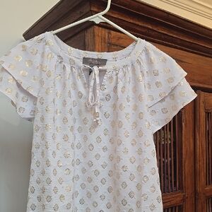 White and Gold Blouse with Ruffle Sleeves